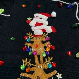 Christina Rotelli Christmas Cardigan with Santa Reindeer Christmas Lights- M